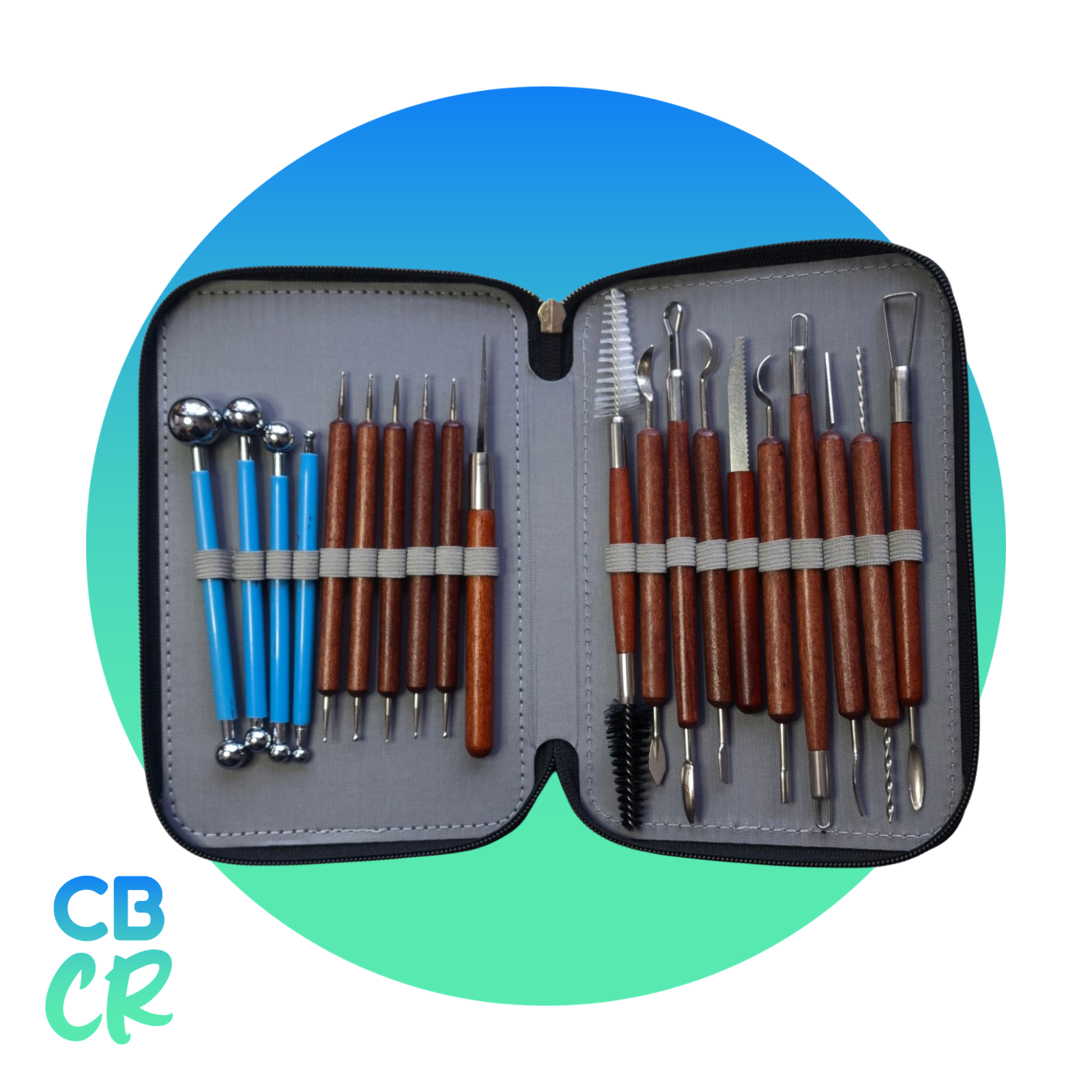 Estuche organizado con 42 herramientas para cerámica con compartimentos individuales