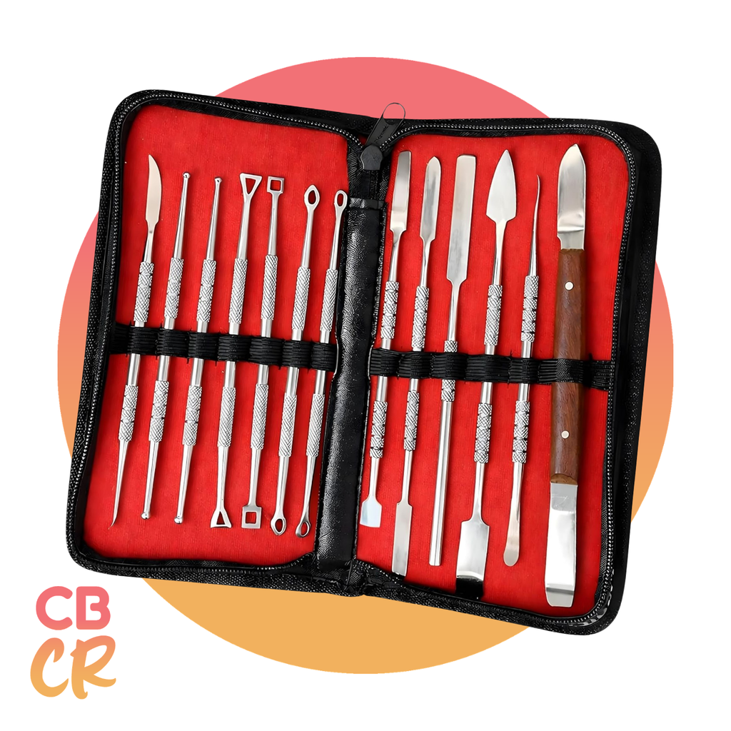 Set de 13 estecas metálicas ZYREV de acero inoxidable con estuche de cuero