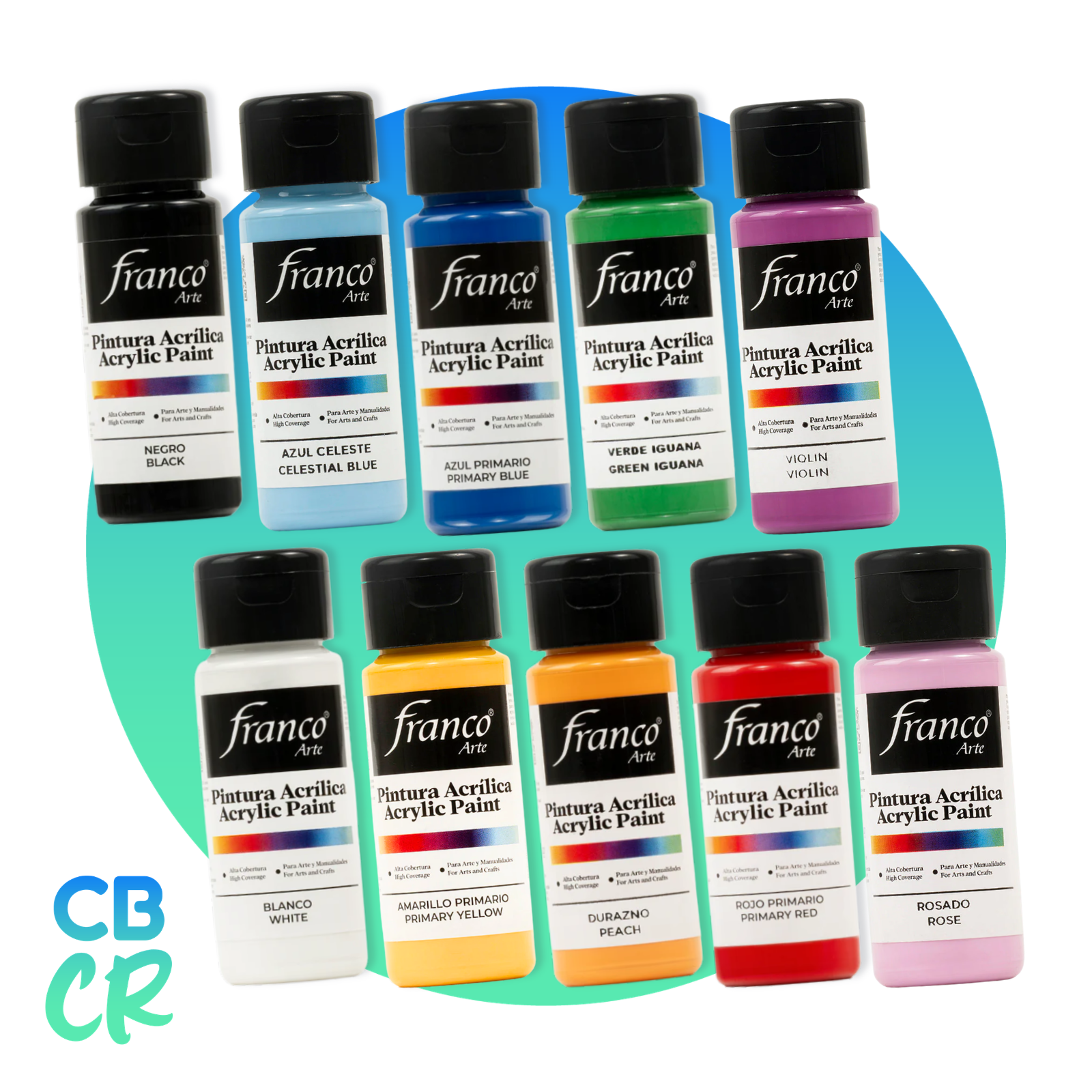 Set de 10 pinturas acrílicas esenciales Franco Arte en frascos de 60ml con paleta de colores primarios